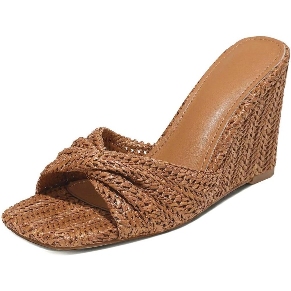 Woven Tan Wedge Slide Sandal
